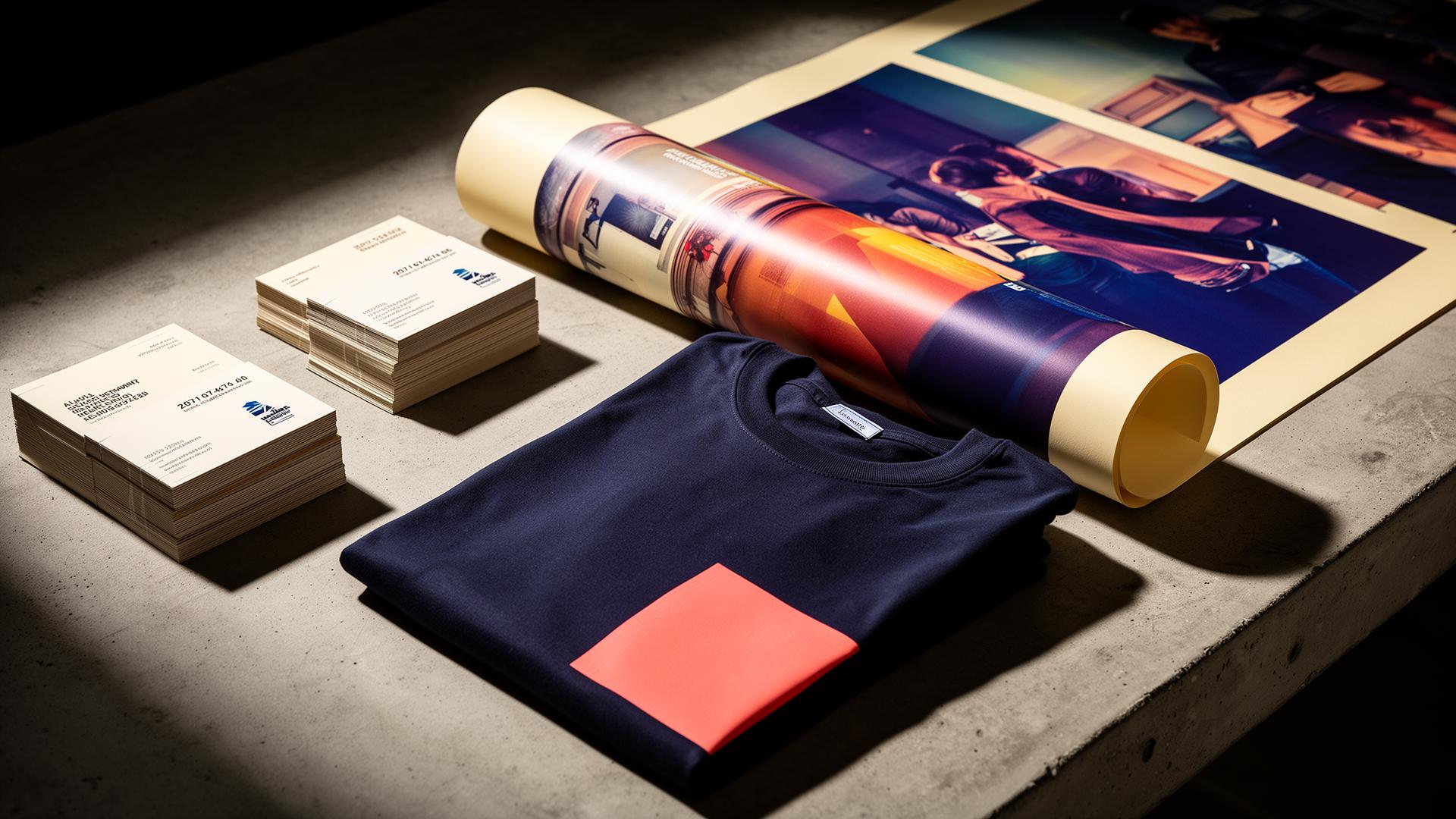 Folded apparel, stacked business cards, and a rolled large-format poster on a concrete press table